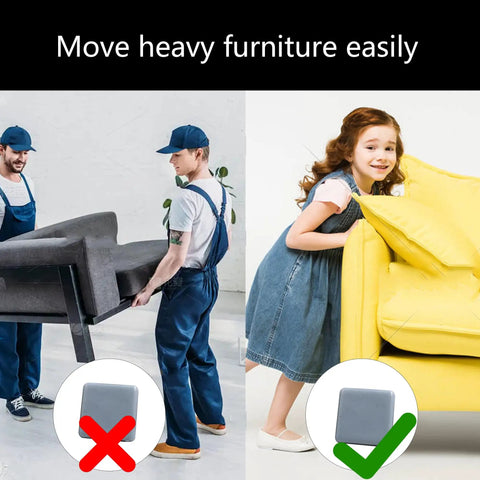 Two scenarios of moving furniture, showing two men struggling with a sofa and a girl easily moving a sofa using furniture glides.