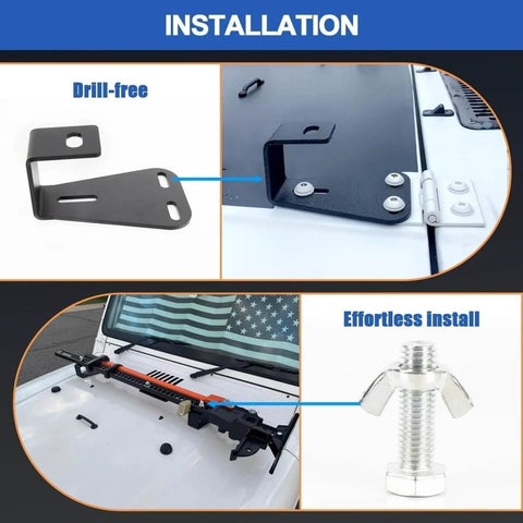 Hi Lift Jack Hood Mount Brackets For Jeep Wrangler YJ TJ JK installation on hood, 3/16 inch steel, drill-free, black finish