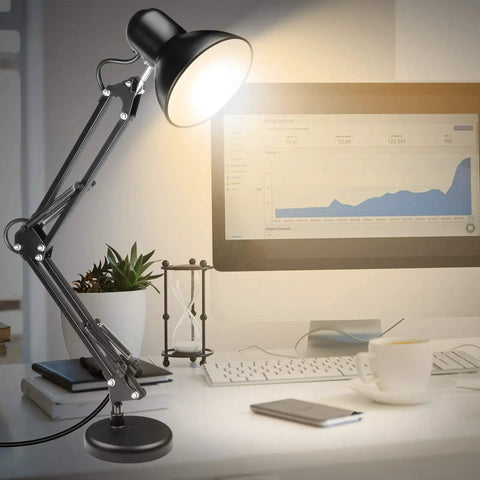 Metal Desk Lamp With Adjustable Arm And Clamp, 18 Inch Extension, Black Finish on modern desk