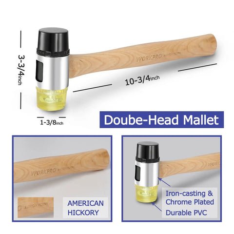 Laminate Wood Flooring Installation Kit With Reinforced Double Faced Mallet Heavy Duty Pull Bar Tapping Block And 30 Piece Spacers Included Multicolor For Quick DIY Flooring Install And Perfect Tight Seams, showing double-head mallet details.