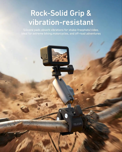 Super Clamp Camera Mount With 360 Dual Ball Head For Bike Handlebar Mounts capturing rugged outdoor terrain