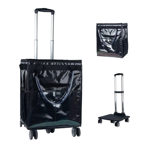 On Wheels Grocery Cart 54L Capacity Foldable Rolling Tote with Drawstring Bag and 360 Degree Wheels, Black Durable