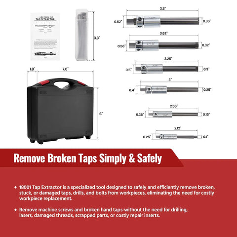 Must-Have All-in-One Tap Extractor Set for Removing Broken Taps and Threads, 6 Piece Kit dimensions and toolbox with case