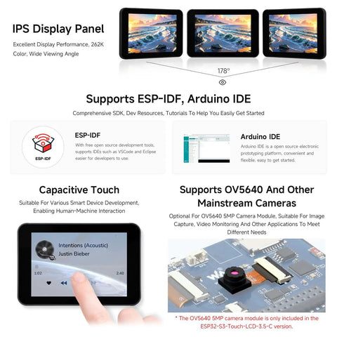 Slick Esp32-S3 Maker Board With A Smooth 3.5 Inch Ips Capacitive Touchscreen showcasing features like capacitive touch and camera support.