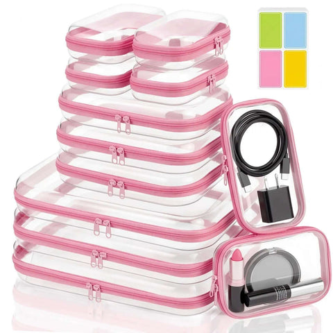Top Shelf 12 Pack Clear Zipper Cases With 40 Label Stickers Stackable Travel Storage System Crush Resistant Pouches For Makeup Electronics Gear Pink Setup, showing stacked pink zipper cases.