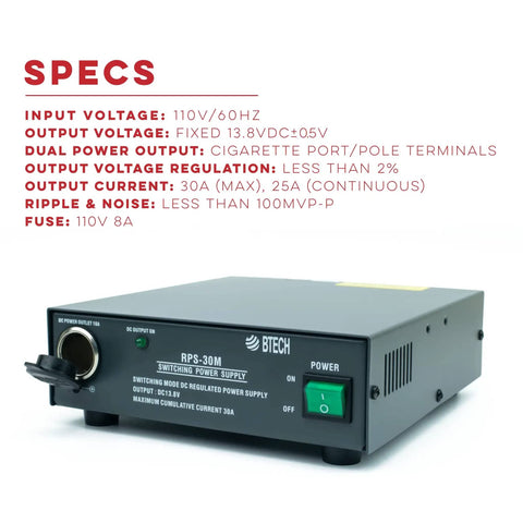 RPS-30M Beefy 30 Amp Compact Regulated Bench Power Supply With 13.8V DC Output And Screw Terminals Plus Cigarette Plug