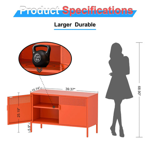 Orange Metal Storage Cabinet With Adjustable Shelves, 2 Door Locker dimensions, highlighting size and storage capacity