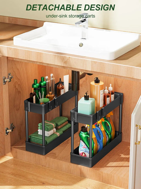 Schwarze Aufbewahrungswagen für unter dem Waschbecken, in denen Reinigungsmittel und Toilettenartikel untergebracht werden können; sie zeichnen sich durch ein zerlegbares Design mit übersichtlichen Einlegeböden aus.