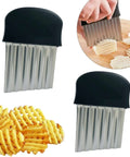 Front view of 2-pack stainless steel crinkle cutters with black handles for potatoes and vegetables