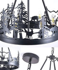 8-Light Wagon Wheel Chandelier In Black with forest and animal cutouts, industrial farmhouse round pendant for kitchen or dining room.