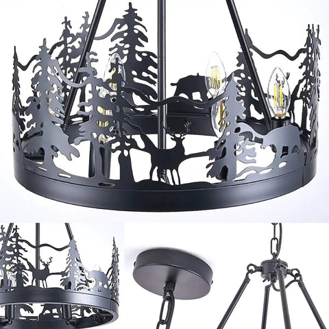 8-Light Wagon Wheel Chandelier In Black with forest and animal cutouts, industrial farmhouse round pendant for kitchen or dining room.