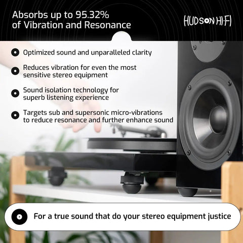 Speakers on desk with 8-Pack 0.75-Inch Platinum Silicone Speaker Isolation Pads For Speakers Subwoofers And Turntables, reducing vibrations