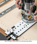 Precision Shelf Pin Drilling Template Slides In Smooth For Dead On Accuracy On Face Frame And Frameless Cabinets With Indexed Guides To Nail Perfect Spacing Every Single Time SPT2 being used to bore drawer slide pilots.
