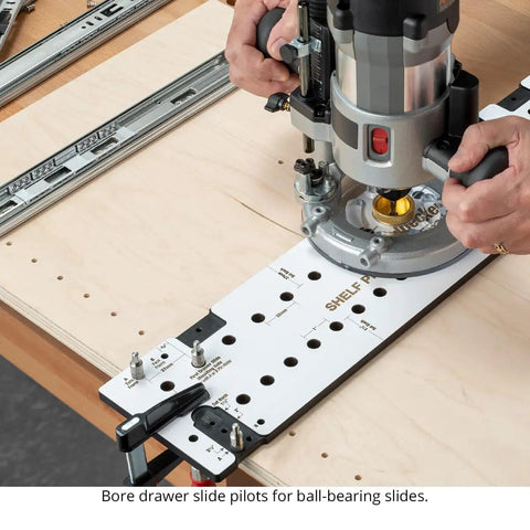Precision Shelf Pin Drilling Template Slides In Smooth For Dead On Accuracy On Face Frame And Frameless Cabinets With Indexed Guides To Nail Perfect Spacing Every Single Time SPT2 being used to bore drawer slide pilots.