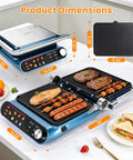 Taylor Swoden 7-In-1 Panini Press Sandwich Maker Electric Indoor Grill Waffle Iron with dimensions shown and grilled food.