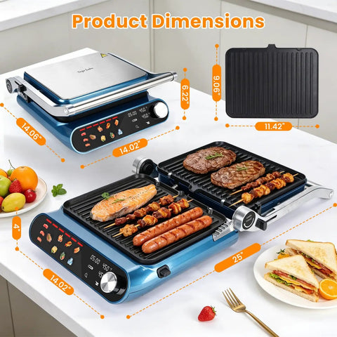 Taylor Swoden 7-In-1 Panini Press Sandwich Maker Electric Indoor Grill Waffle Iron with dimensions shown and grilled food.