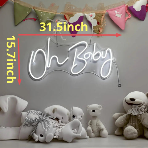 Lit Neon Sign For Wall Decor 31.5 By 15.7 Inches With Dimmable Switch Reusable Neon Light Sign For Baby Shower Birthday Party And Wedding Decor In Cool White, displayed on wall with toys