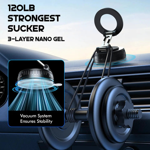 Vacuum Magnetic Car Phone Holder For MagSafe with 120 plus pounds of grip installed on car dashboard with 3-layer nano gel and vacuum system