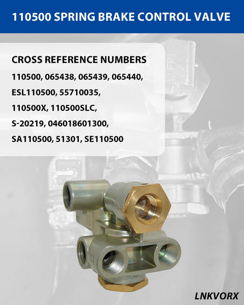 Three Eighth Inch NPT Spring Brake Control Valve With Trailer Brake Priority For Truck And Trailer Parking Stop, Replaces 110500X 170 110500 065438 51131, Cross Reference Compatible Valve Pro Grade Replacement with visible ports and reference numbers.