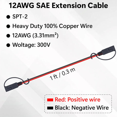 Heavy Duty 12 Awg Quick Disconnect Power Wire Harness Bulletproof Polarized 2 Pin Pure Copper Plug Built Tight Automotive Electrical Heavy Gauge Terminal Set, 1 ft SAE extension cable showing red and black wires.