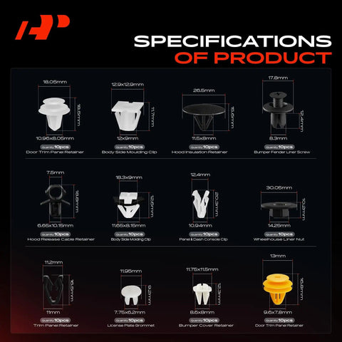 Top Drawer 210 Piece Retainer Clip Kit For Kia Soul 2014 Through 2019 bumper fastener specifications with detailed images.
