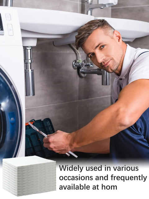 Man under sink with tool kit using Ten-Piece Water Absorbent Mats 14 By 16 Inches Wringable Reusable Absorbing Pads for spill cleanup