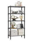Heavy Duty 5 Tier Metal Storage Shelves with Wire Racks for Garage Kitchen Bathroom and Laundry, 1250 Lbs Capacity, Space Saving Freestanding Organizer, Black Finish, 13.8 D x 29.5 W x 59.5 H, shown with decor