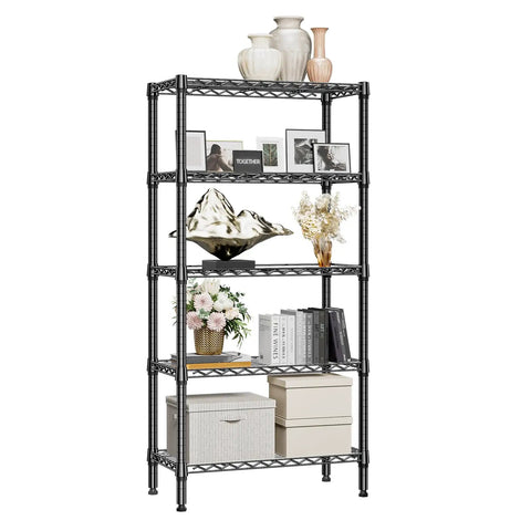 Heavy Duty 5 Tier Metal Storage Shelves with Wire Racks for Garage Kitchen Bathroom and Laundry, 1250 Lbs Capacity, Space Saving Freestanding Organizer, Black Finish, 13.8 D x 29.5 W x 59.5 H, shown with decor