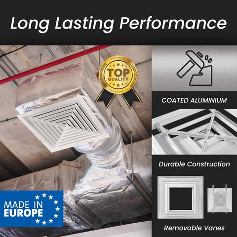 Tough As Nails Aluminum Ceiling Diffuser Snug Fit 9 Inch Square Vent Cover 14 X 14 Outer Frame installed in ductwork.