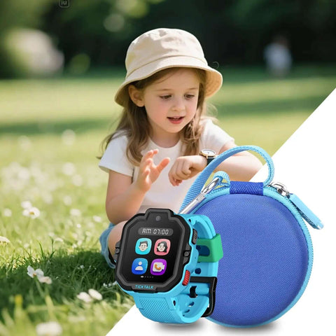 Hella Protective Hardshell Case For Kids Smartwatches Compatible With Ticktalk And Vtech Gizmo Models Built Different Blue travel pouch beside a smartwatch.