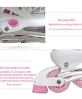 Close-up of adjustable size feature and brake on Pink Light Up Wheels Roller Skates with PU mesh for EU 31-34.