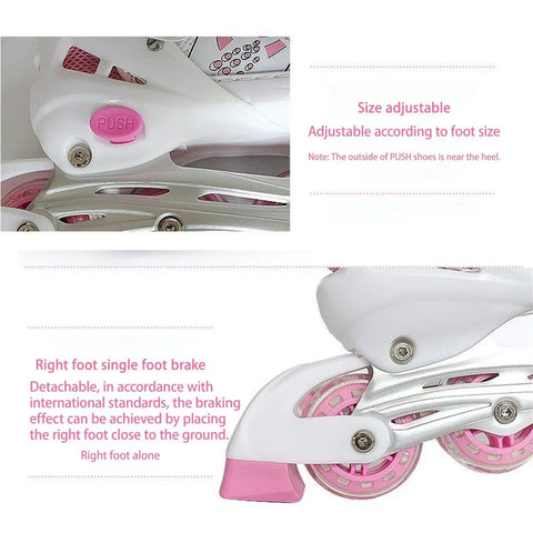 Close-up of adjustable size feature and brake on Pink Light Up Wheels Roller Skates with PU mesh for EU 31-34.