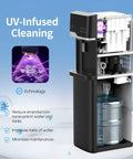 Hot And Cold Water Dispenser With Built In Ice Maker Bottom Loading 5 Gallon System Bullet Ice Up To 22 Lbs Per Day LED Display Room Temperature Water Option Ideal For Home Or Office Use Black with UV-infused cleaning technology.