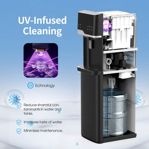 Hot And Cold Water Dispenser With Built In Ice Maker Bottom Loading 5 Gallon System Bullet Ice Up To 22 Lbs Per Day LED Display Room Temperature Water Option Ideal For Home Or Office Use Black with UV-infused cleaning technology.