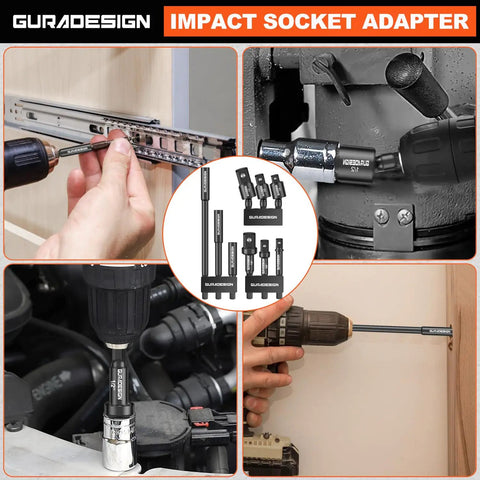 Nine Piece Beefy Impact Drill Socket Adapters Set With Universal Joints For One Quarter Inch Three Eighths Inch And One Half Inch Drive Includes Magnetic Bit Holder And Bit Extension In Chromium Vanadium Steel For Heavy Duty Auto And DIY Projects in use with various drilling tools.