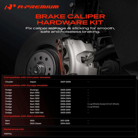 Brake caliper hardware kit for Dodge Ram 1500 and Durango, metal rear disc brake parts. Upgrade Your Ride With This A Premium Rear Disc Brake Hardware Kit For Dodge Ram 1500 And Durango Models Covering 2002 Through Early 2023 Years Ensuring Smooth Stopping Power And Reliable Performance On Every Highway Drive Or Off Road Adventure.