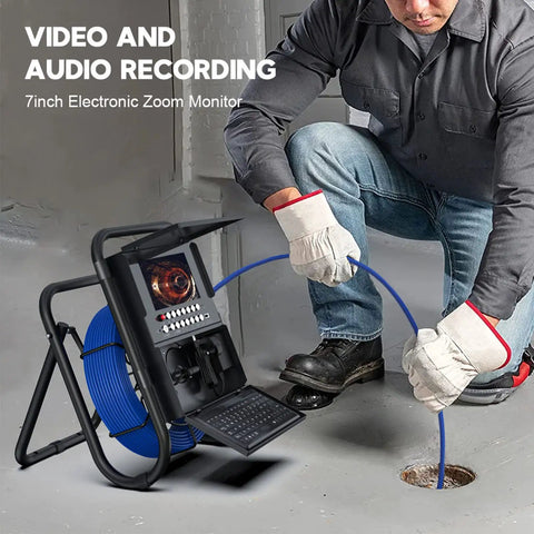 Professional Heavy Duty Pipeline Camera With 7 Inch Ips Display Tough As Nails Build For Sewer And Drainage Jobs Featuring No Fuss Dvr Recording Keyboard Navigation And 16gb Memory Card in use during inspection.