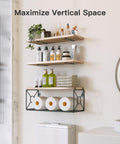 Top Tier Set Of 3 Floating Bathroom Shelves With Wire Storage Basket Crafted From Solid Natural Paulownia Wood For Durable Wall Mounted Decor And Big Time Clutter Relief, displaying toiletries and towels.