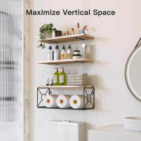 Top Tier Set Of 3 Floating Bathroom Shelves With Wire Storage Basket Crafted From Solid Natural Paulownia Wood For Durable Wall Mounted Decor And Big Time Clutter Relief, displaying toiletries and towels.