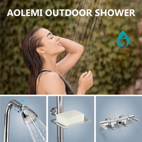Outdoor Shower Kit With Brass Valve And Shower Head 3 Inch Center Exposed Shower With Two Handles Soap Dish Stainless Steel Pipe Polished Chrome Corrosion Resistant Build For Poolside Yard Or Beach House
