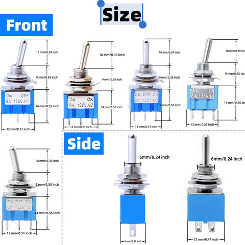 Assorted Mini Toggle Switch Kit 2 Pin 3 Pin 6 Pin SPST SPDT Latching Micro Rocker On Off On 6A 125V dimensions front and side view