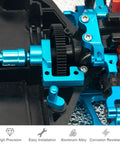 Close-up of Open Ended Gearbox Aluminum Alloy Spur Gear Covers for Tamiya TT 02 RC Car, highlighting CNC machined motor gear case.