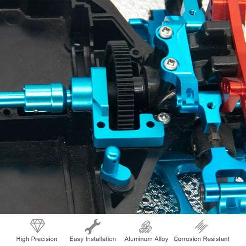 Close-up of Open Ended Gearbox Aluminum Alloy Spur Gear Covers for Tamiya TT 02 RC Car, highlighting CNC machined motor gear case.