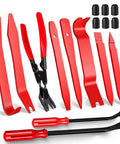 No Fuss 18 Piece Auto Trim Removal Kit With Non Scratch Plastic Pry Tools And Heavy Duty Clip Pliers Plus Eight Sturdy Tire Valve Caps arranged neatly.