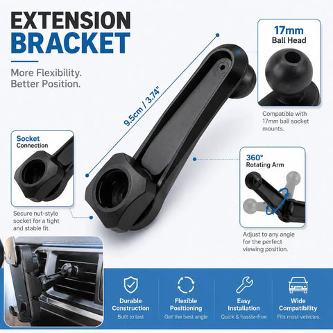 Universal Car Phone Mount With Tight Air Vent Clip And 17mm Ball Head For 360 Rotation Fits Every Smartphone - 9.5cm extension bracket detail