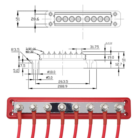 Hella Heavy Duty Copper Bus Bar Providing 600 Amp Juice For Rock Solid 8 Way Distribution Block Grounding And Smooth Auto Battery Wiring In Classic Red And Black with dimensions and connectors shown.