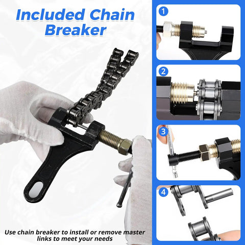 Demonstration of chain breaker included in 428 Roller Chain Kit, 20 Feet, 478 Links, 08B Simplex Chain for chain-driven gates