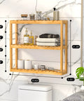 Bamboo 3 Tier Wall Mount Over Toilet Shelf Rack Adjustable Space Saving Storage in bathroom with toiletries and towels.