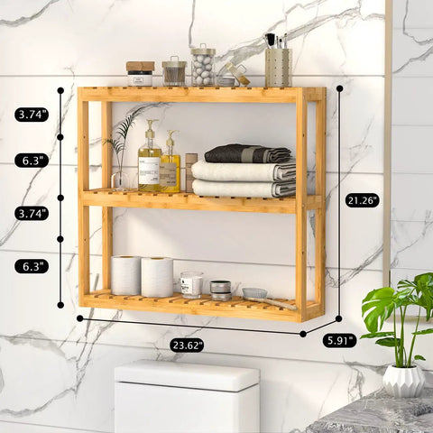 Bamboo 3 Tier Wall Mount Over Toilet Shelf Rack Adjustable Space Saving Storage in bathroom with toiletries and towels.