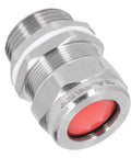 Close-up of explosion-proof stainless steel cable gland with red seal, 1-inch NPT/M32 thread for electrical boxes